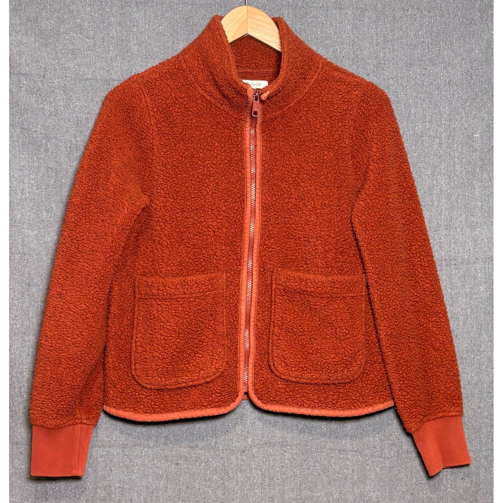 Madewell Womens‎ XS Sherpa Fleece Zip Up Jacket Burnt Orange Rust Pocket Teddy
